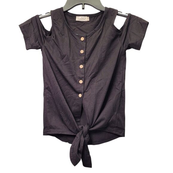 BesserBay Girls Button-Up Cold Shoulder & Tie Black Shirt Size 7-8 Years Old - Picture 1 of 8